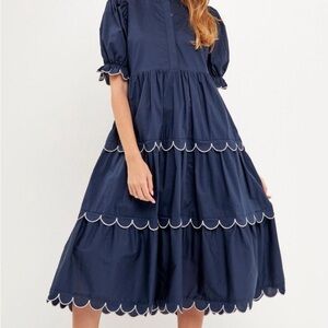 English Factory Navy Blue Scalloped Hem Dress